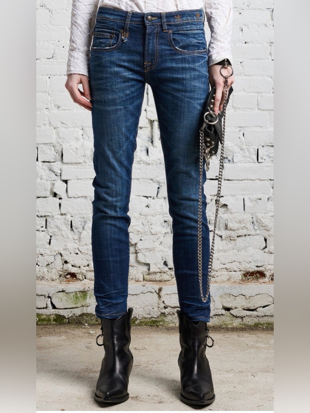 R13 Boy Skinny Huxley Indigo Jeans Size 27 | Let Down Hem | Distressed Designer